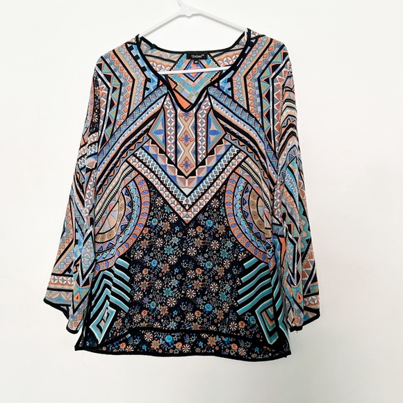 Tolani silk long sleeve blouse abstract print tunic navy blue Anthropologie - Picture 3 of 7